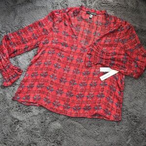 AQUA x Pendleton Womens Long Sleeve Smocked V-Neck Red metallic Casual Blouse XL